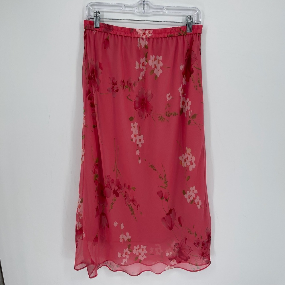 Draper's & Damon's Women's Y2K Pink Floral Chiffon Overlay Midi Skirt Size 14P